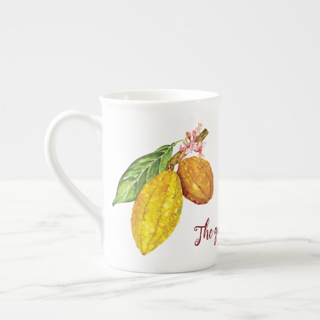Watercolor chocolate tree fruit bone china mug (Left)