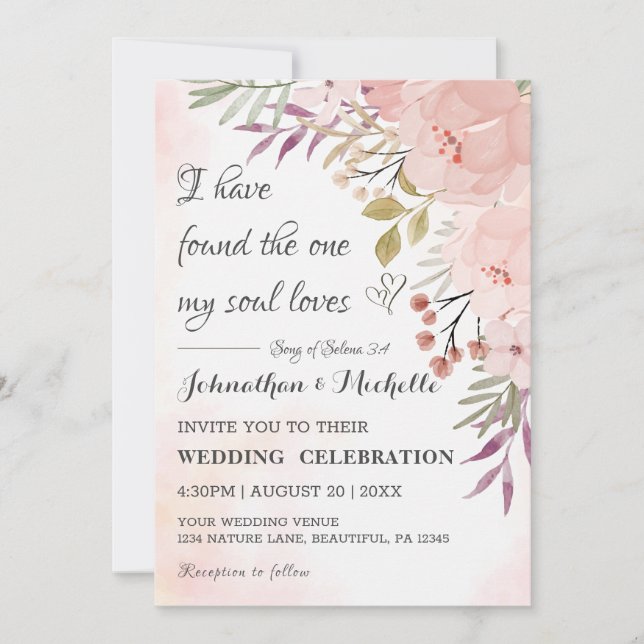 Watercolor Christian Blush Pink Floral Wedding Invitation (Front)