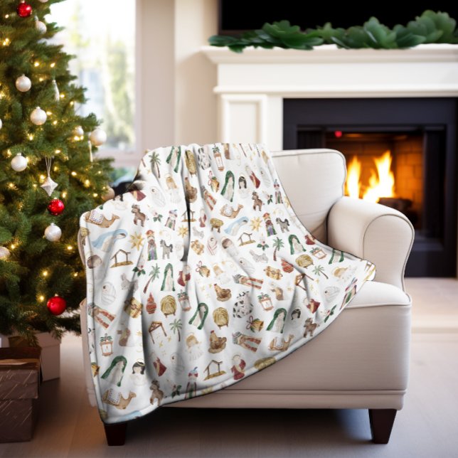Watercolor Christian Christmas Nativity Fleece Blanket (Creator Uploaded)