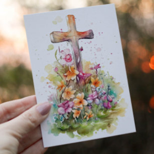 Watercolor Christian Cross and Spring Flowers Holiday Card