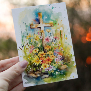 Watercolor Christian Cross and Spring Flowers Holiday Card