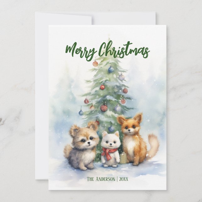 Watercolor Christmas Adorable Animals Card (Front)