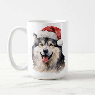 WATERCOLOR CHRISTMAS ALASKAN MALAMUTE DOG FACE COFFEE MUG