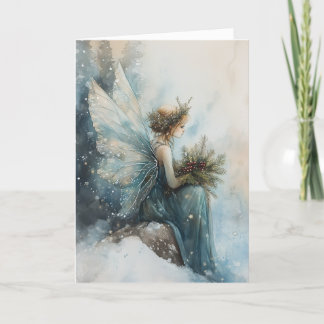 Watercolor Christmas Aqua Fairy in Snowy Field Card