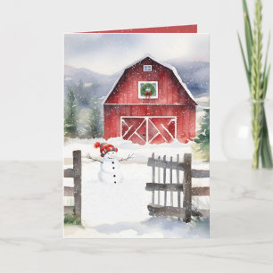 Watercolor Christmas Barn And Snowman Holiday Card