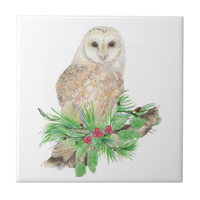 Watercolor Christmas Barn Owl Bird Wildlife Tile (Front)
