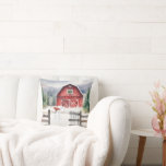 Watercolor Christmas Barn With Snowman Cushion<br><div class="desc">Red barn with green Christmas wreath,  snowman,  and rustic old fence in snowflakes.</div>