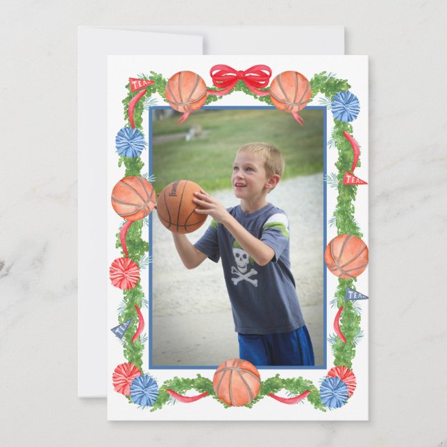Watercolor Christmas Basketball Garland Photo Holiday Card (Front)