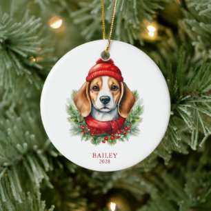 Watercolor Christmas Beagle Dog Photo Ceramic Tree Decoration