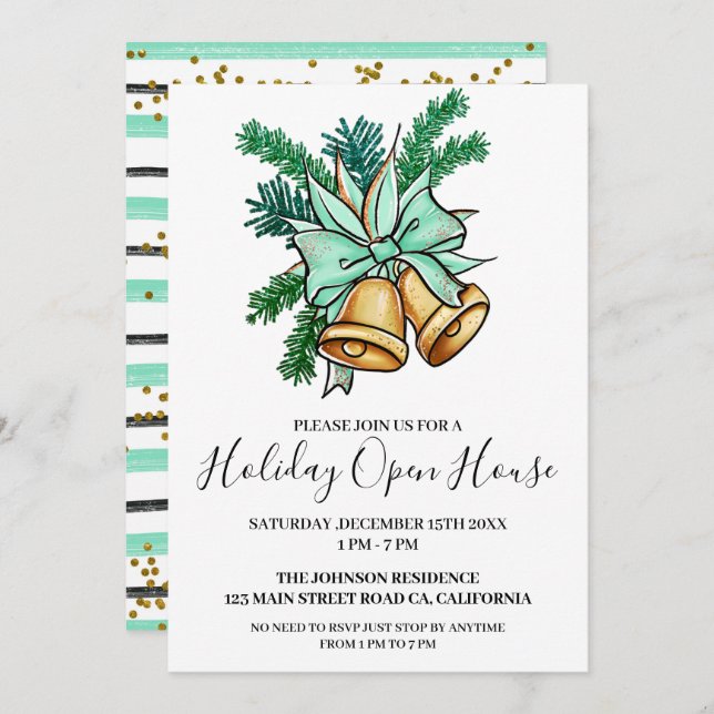 Watercolor Christmas Bell Holiday Open House Invitation (Front/Back)