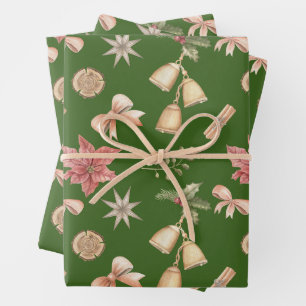 Watercolor Christmas Bells, Poinsettia Green  Wrapping Paper Sheet