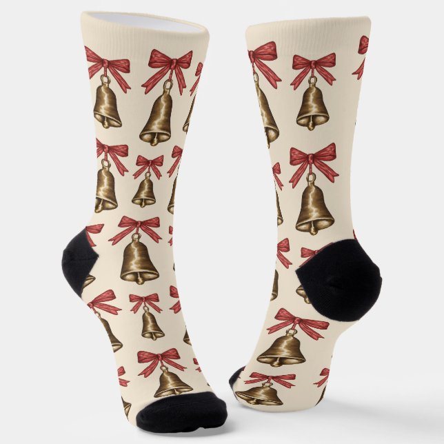 Watercolor Christmas Bells With Red Bows Pattern Socks (Angled)