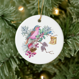 Watercolor Christmas Bird and Berries  Ceramic Tree Decoration