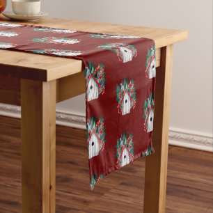 Watercolor Christmas Birdhouse Pattern  Short Table Runner
