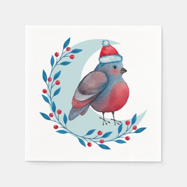 Watercolor Christmas Blue Bird On Moon Napkin (Front)