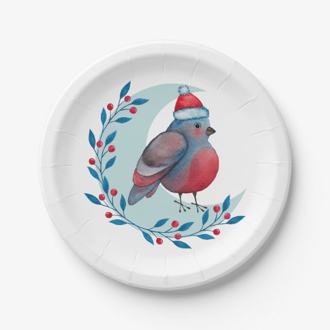 Watercolor Christmas Blue Bird On Moon Paper Plate (Front)