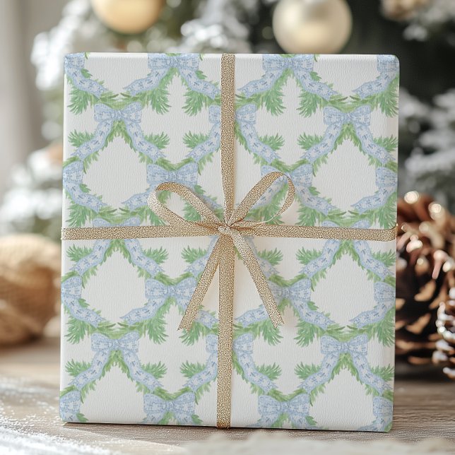 Watercolor Christmas Blue Bow Garland Wrapping Paper (Creator Uploaded)