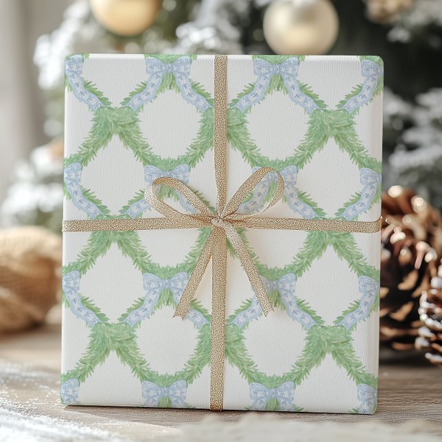 Watercolor Christmas Blue Bow Garland Wrapping Paper (Creator Uploaded)