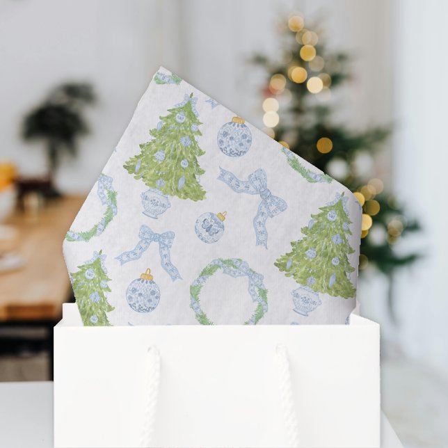 Watercolor Christmas Blue Bow Ginger Jar Trees Tissue Paper (Creator Uploaded)