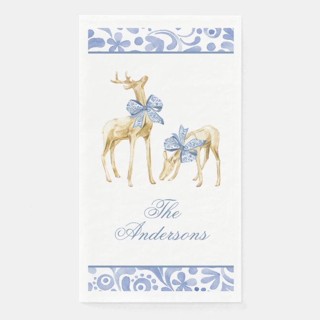 Watercolor Christmas Blue Chinoiserie Bow Reindeer Napkin (Front)