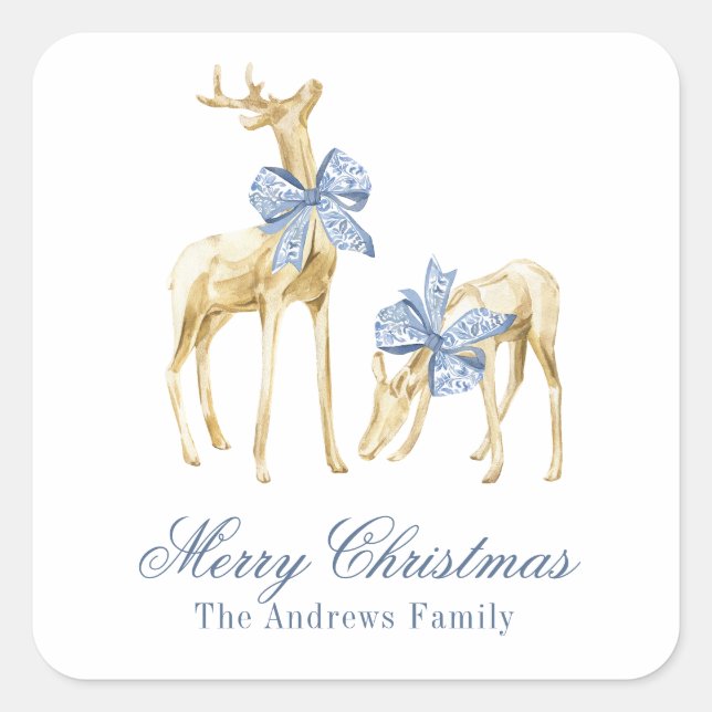 Watercolor Christmas Blue Chinoiserie Bow Reindeer Square Sticker (Front)
