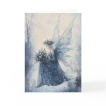 Watercolor Christmas Blue Fairy in Snowy Field