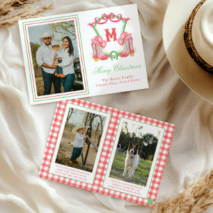 Watercolor Christmas Boots Monogram Crest Photo Holiday Card