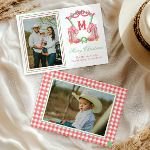 Watercolor Christmas Boots Monogram Crest Photo Holiday Card