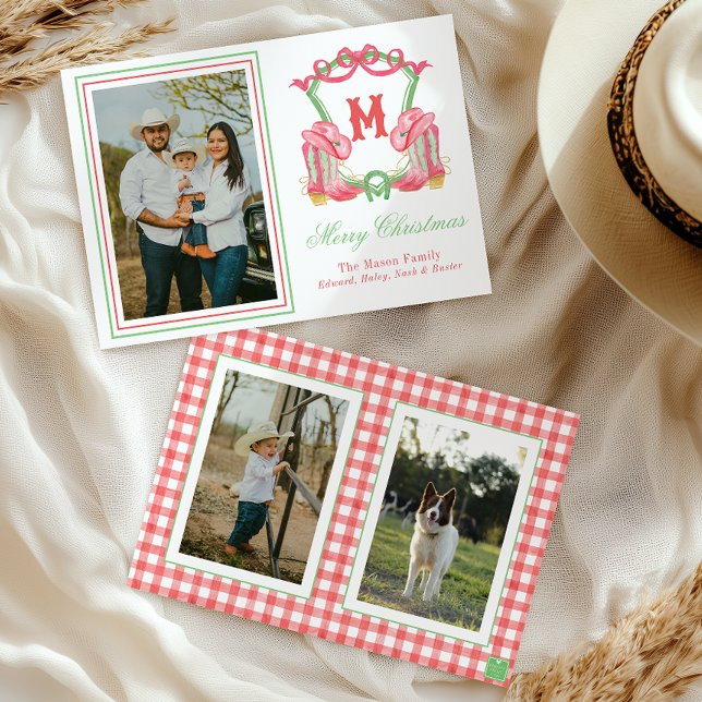 Watercolor Christmas Boots  Monogram Crest Photo Holiday Card (Creator Uploaded)