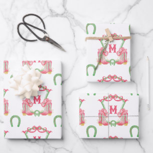 Watercolor Christmas Boots  Monogram Crest Wrapping Paper Sheet