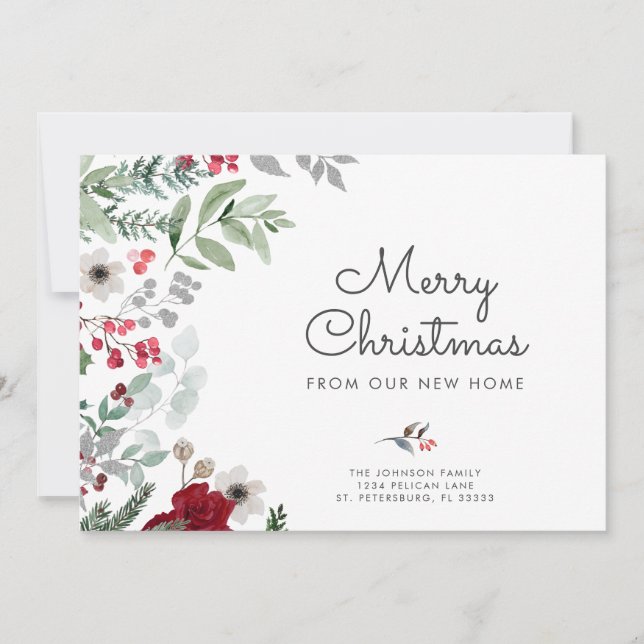 Watercolor Christmas Botanical Floral New Address Announcement (Front)