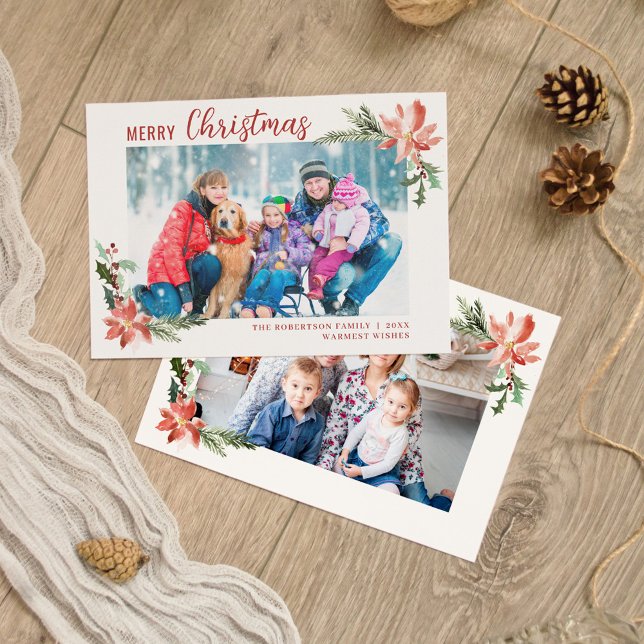 Watercolor Christmas Botanical Poinsettia 2 Photo  Holiday Card (Creator Uploaded)