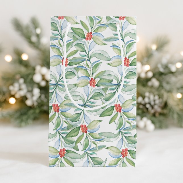 Watercolor Christmas Botanicals Small Gift Bag (Festive gift bags xmas watercolor botanicals)