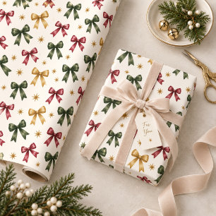 Watercolor Christmas Bows Burgundy Green Gold Wrapping Paper