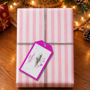 Watercolor Christmas Branch with Pink Ornaments Gift Tags