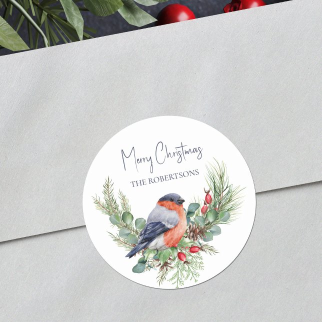 Watercolor Christmas Bullfinch Winter Bird Classic Round Sticker (Creator Uploaded)