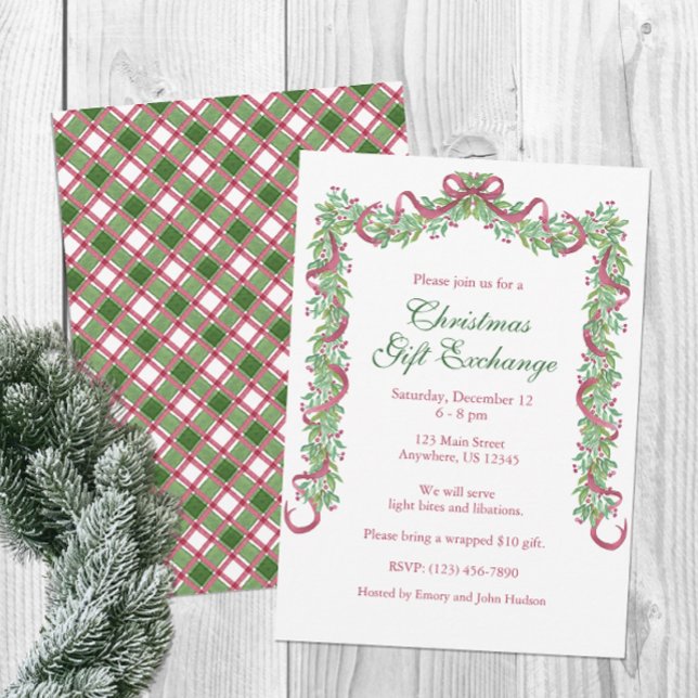 Watercolor Christmas Burgundy Green Plaid Garland Invitation (Creator Uploaded)