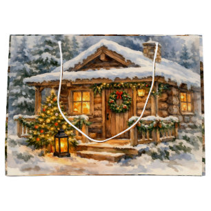 Watercolor Christmas Cabin in the Forest Large Gift Bag