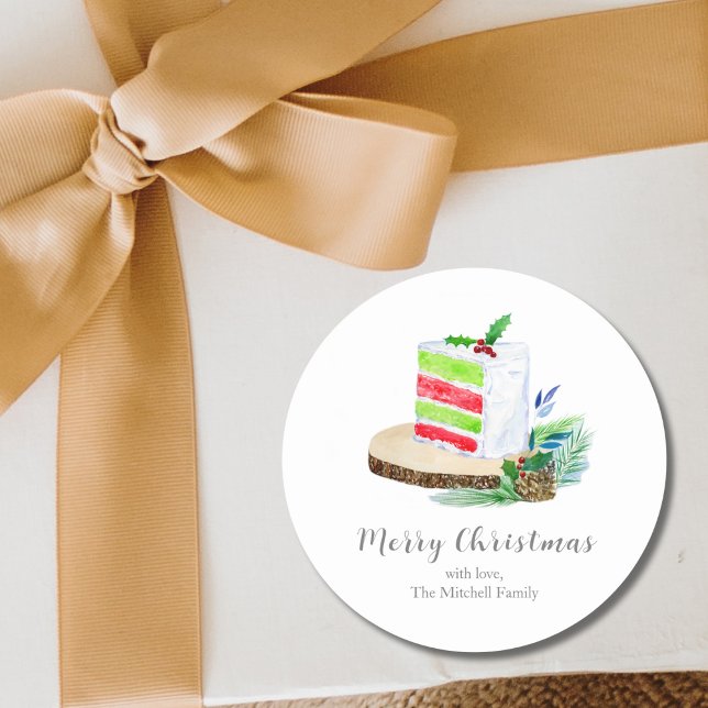 Watercolor Christmas Cake Holiday Personalise Classic Round Sticker (Creator Uploaded)