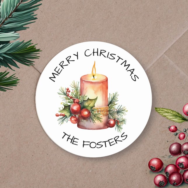  Watercolor Christmas Candle Personalised  Classic Round Sticker (Creator Uploaded)