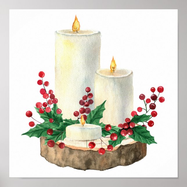 Watercolor Christmas Candles Berries Leaves  Poster (Front)