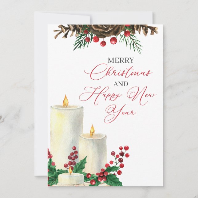Watercolor Christmas Candles Berries Pine Cones Holiday Card (Front)