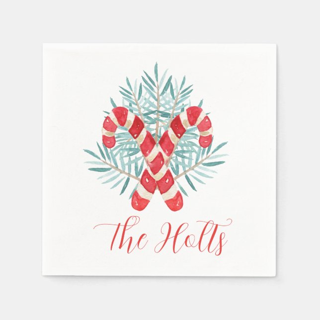 Watercolor Christmas Candy Cane Personalised Napkin (Front)