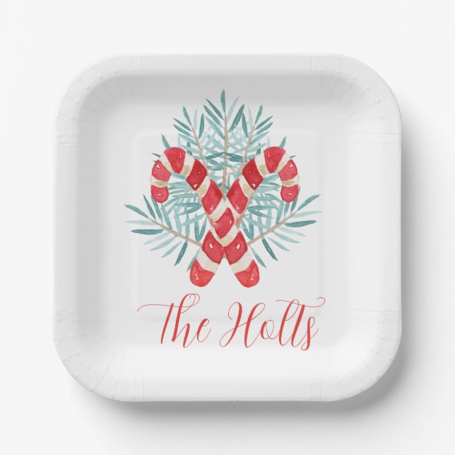 Watercolor Christmas Candy Cane Personalised Paper Plate (Front)