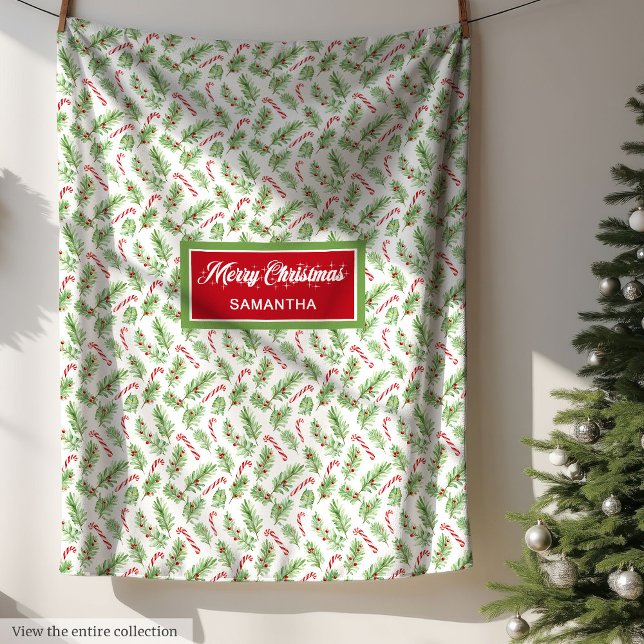 Watercolor Christmas candy canes personalised  Fleece Blanket (Watercolor Christmas candy canes personalized Fleece Blanket )
