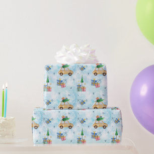 Watercolor Christmas Car and Gifts Holiday Pattern Wrapping Paper