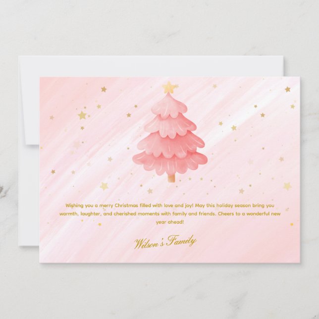 Watercolor Christmas Card Pink Gold Christmas Tree (Front)