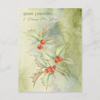 Watercolor christmas card with holly branch