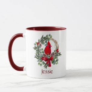 Watercolor Christmas Cardinal Wreath Custom Name  Mug