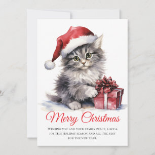 Watercolor Christmas Cat - Non Photo Holiday Card